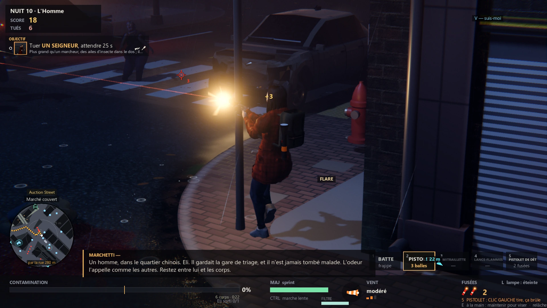 Close-up of heroine firing laser-sighted pistol with bright muzzle flash at zombie horde in mist