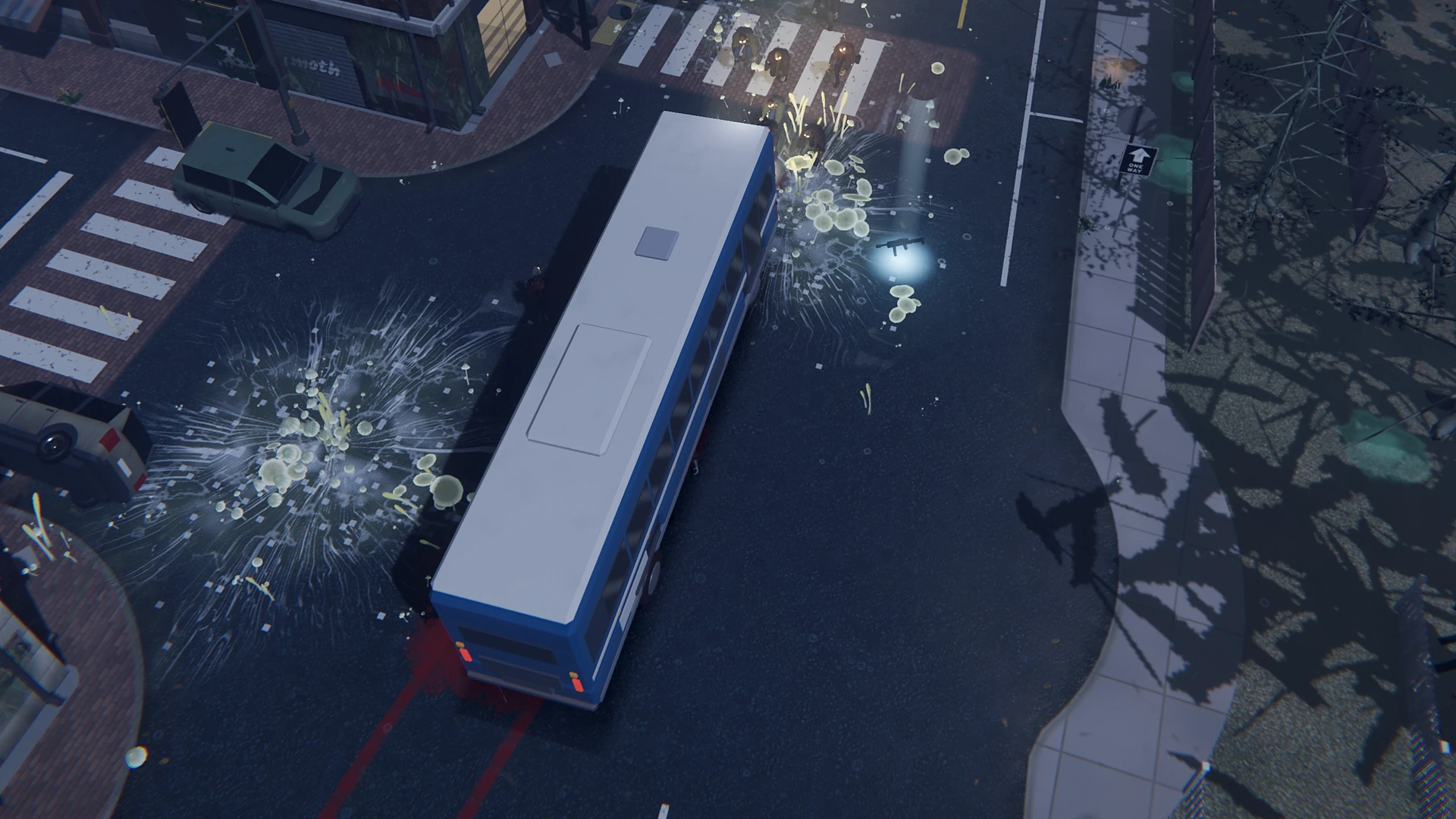 A city transit bus cutting through a horde past a fungal bloom at night