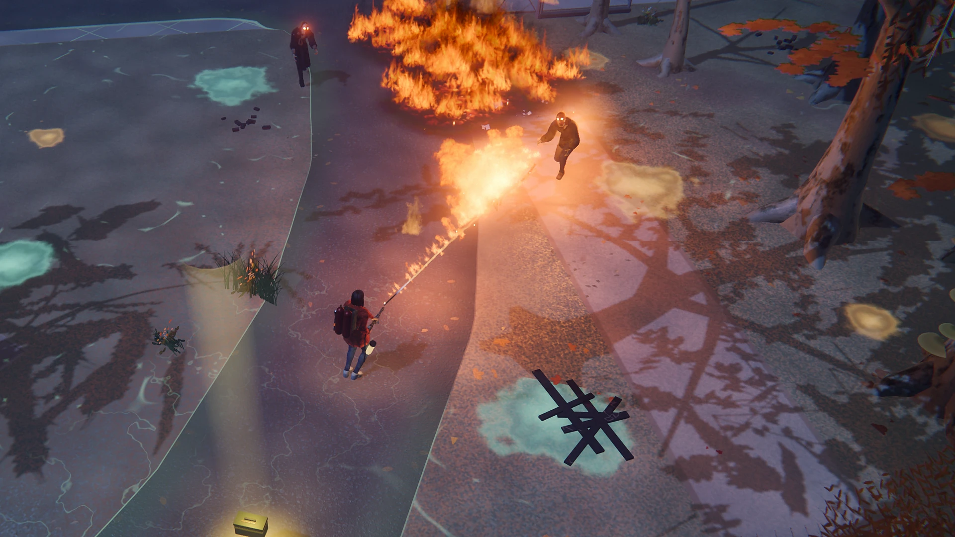 The heroine torching the waking hive with a flamethrower in a fungal park at night