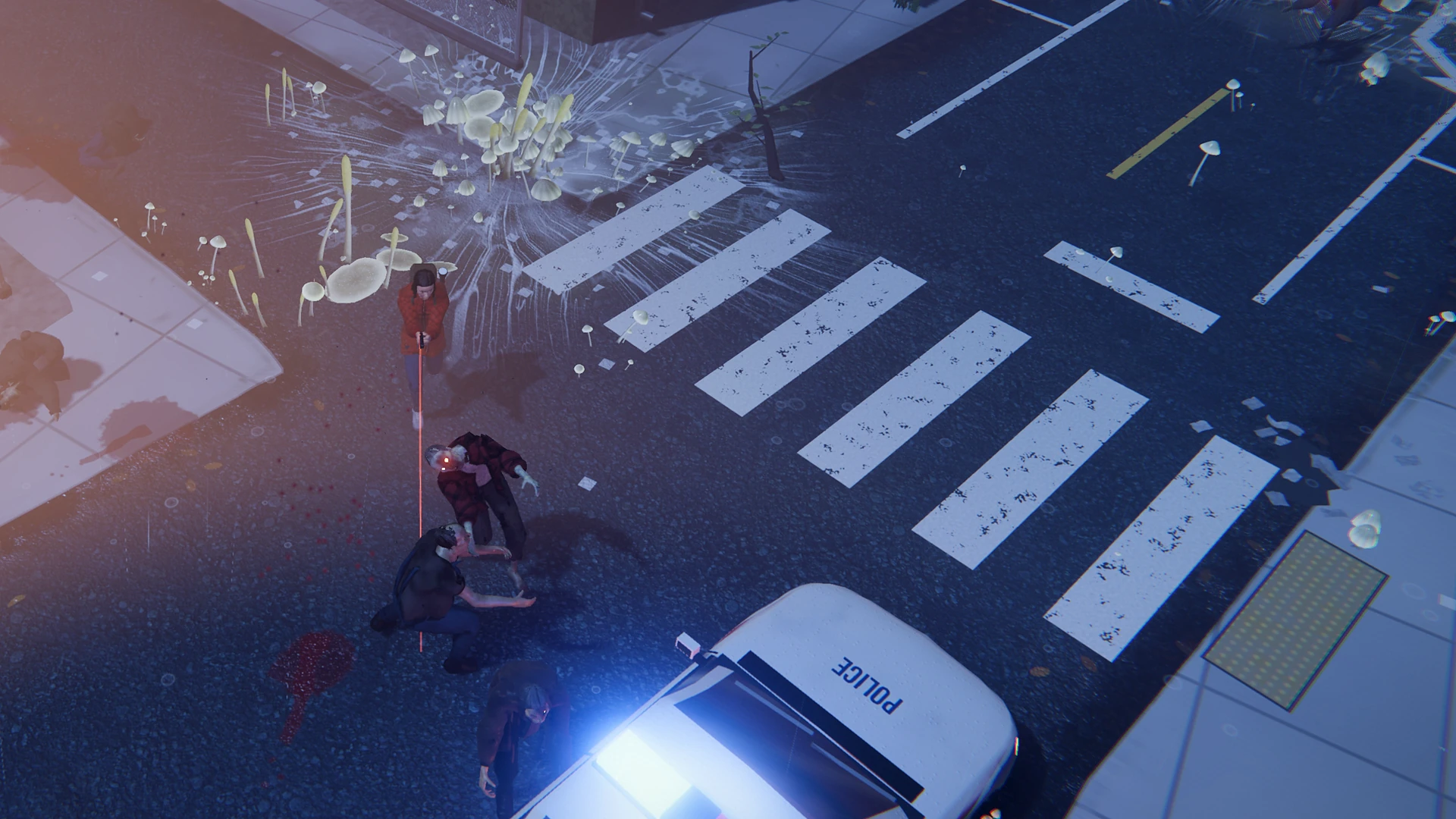 The heroine firing a laser-sighted pistol at walkers closing in by a police car