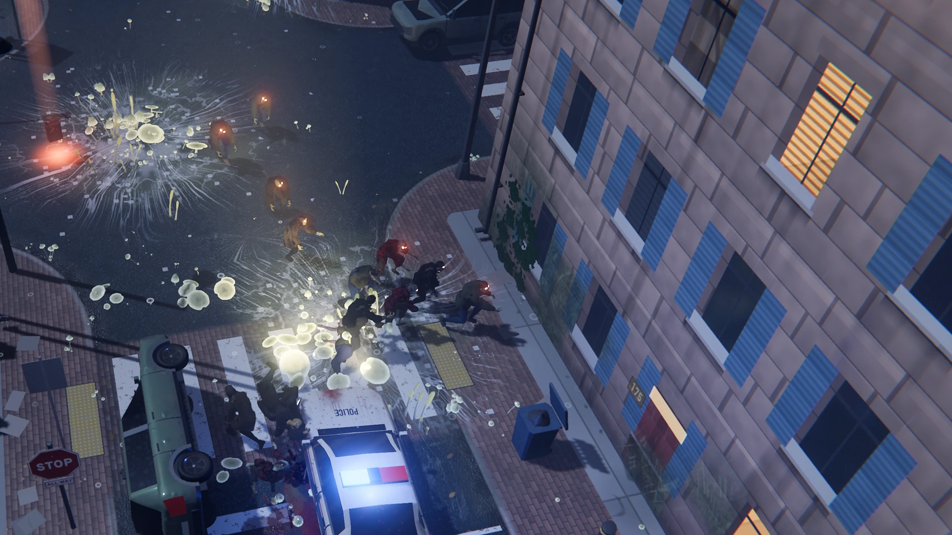 A police cruiser with flashing lightbar ramming a horde in a downtown street full of glowing fungus