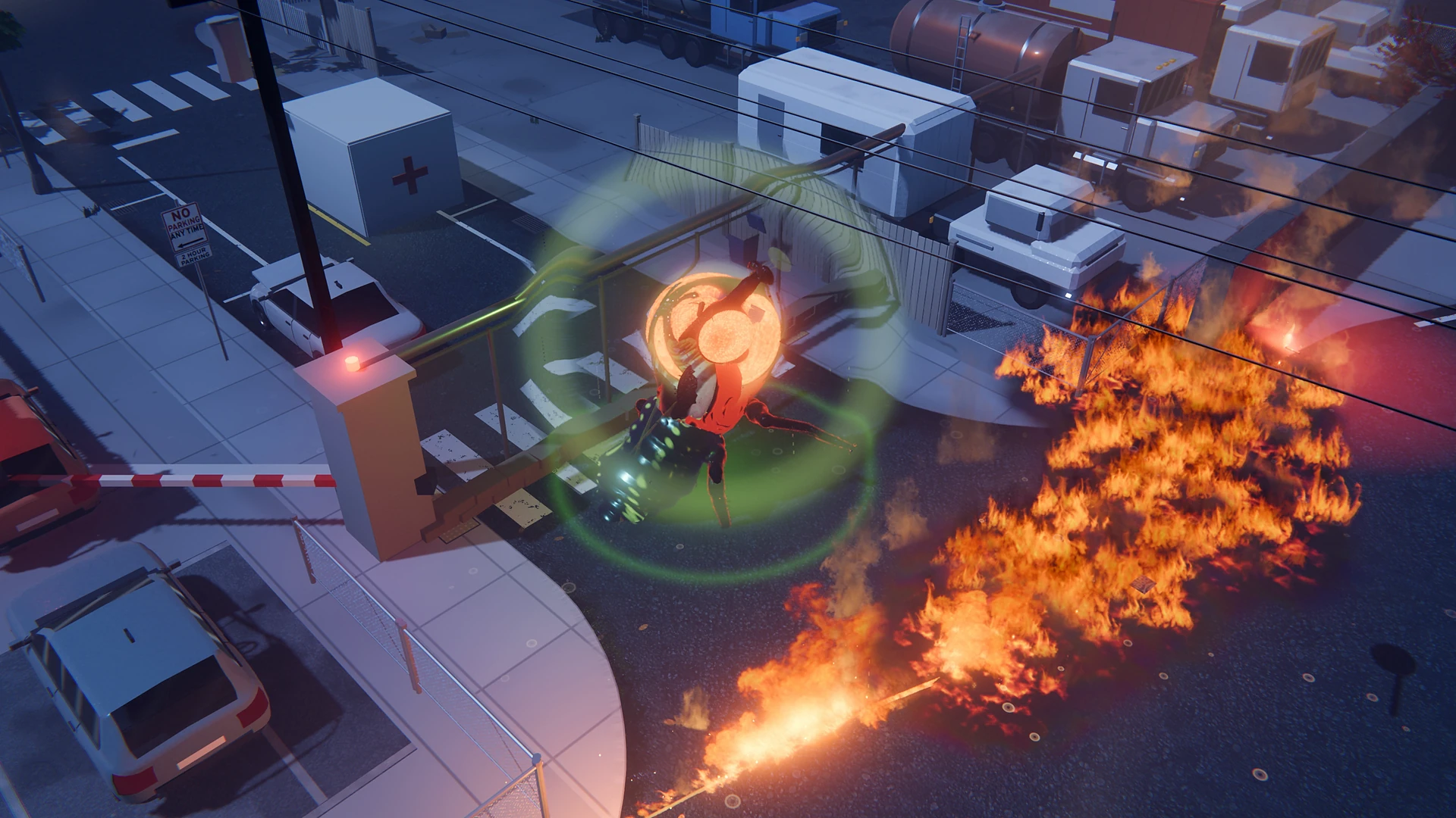 The Queen besieging the quarantine checkpoint while the heroine burns her with a flamethrower
