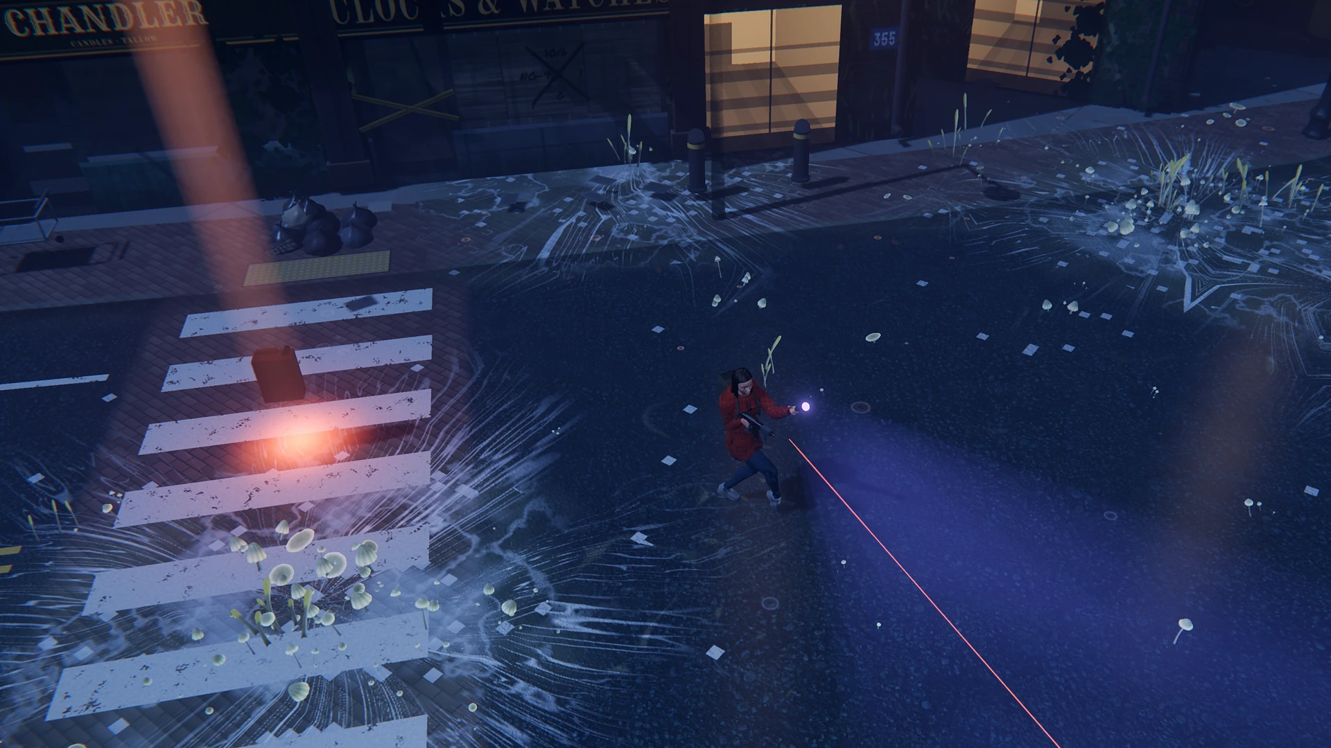 The heroine sweeping a UV flashlight over a crosswalk overgrown with fluorescent mycelium