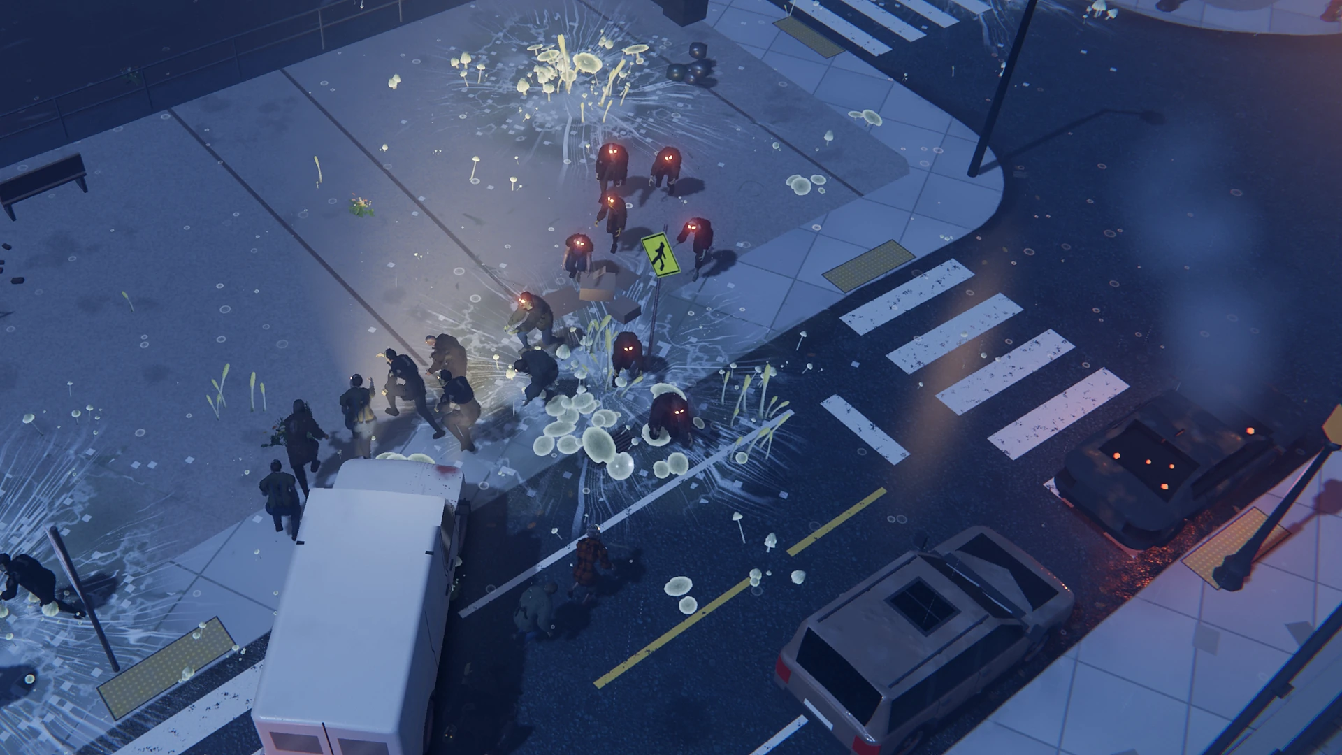 A white van ploughing into a red-eyed horde on a fungus-covered street corner