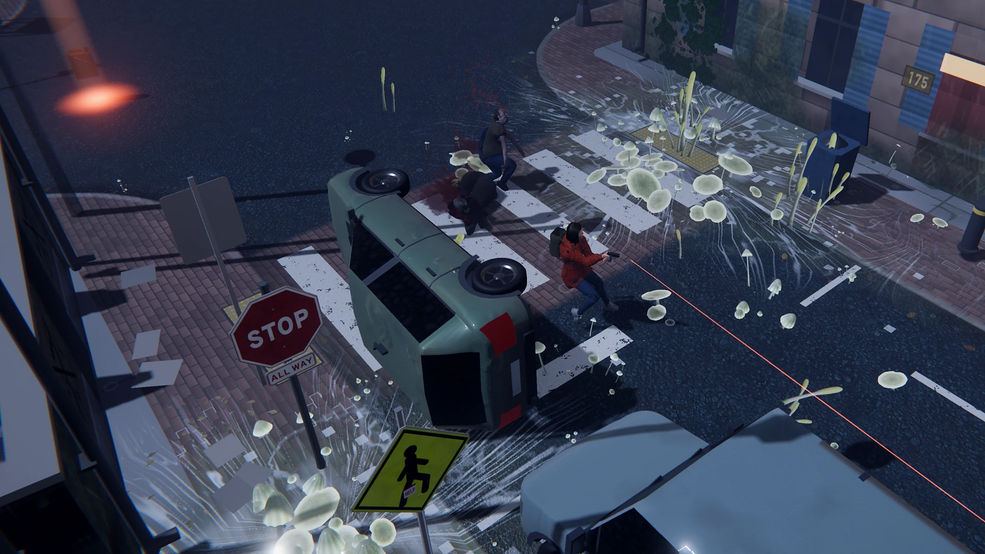 The heroine fighting walkers beside an overturned car in a street covered with fungus
