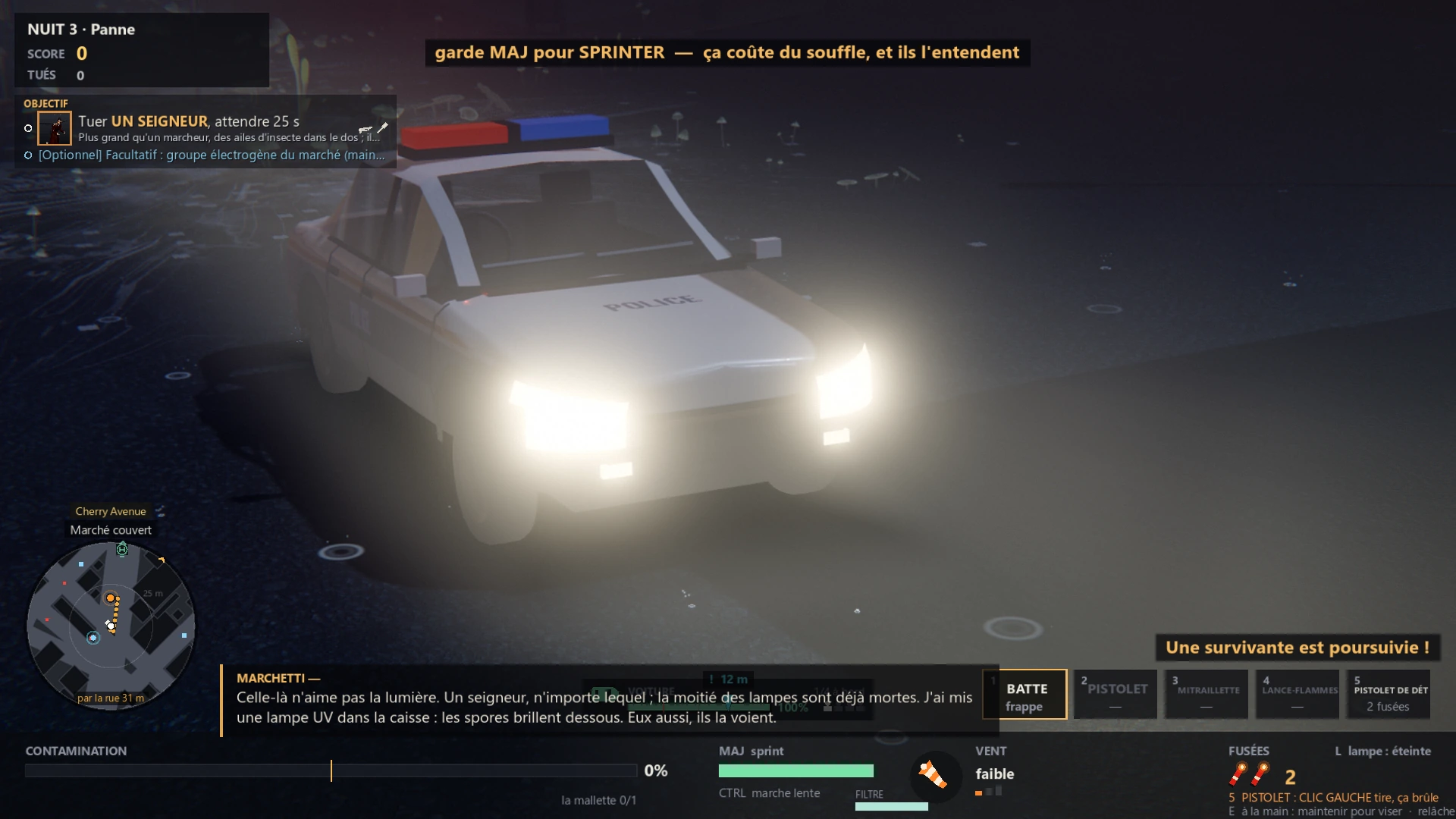 Police Cruiser with flashing red and blue lightbars in volumetric street mist